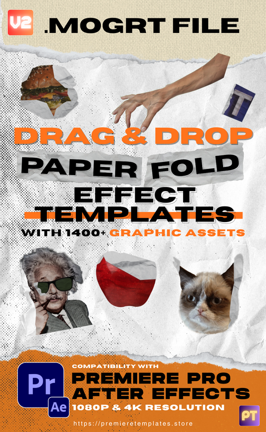 9 Drag & Drop Paper Fold Effects MOGRT Template Pack with 1400+ Graphics Assets)